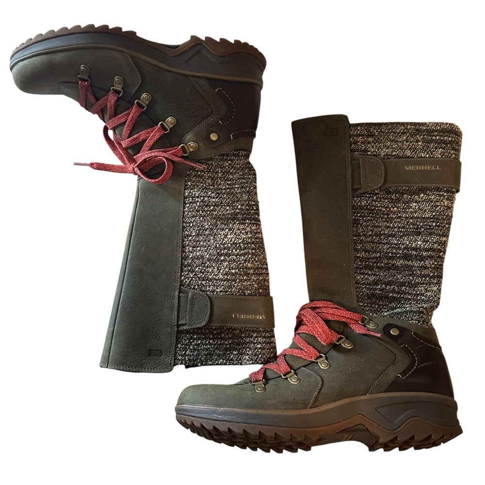 Merrell Bungee Cord Boots Women’s; 7 U.S. Brown with Red/Cranberry Shoe Strings